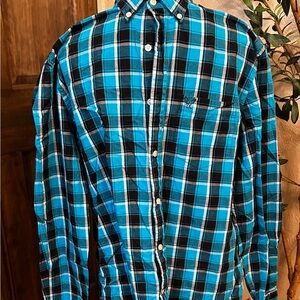 American Eagle Mens Casual Dress Shirt Lg, plaid blue white black long sleeve